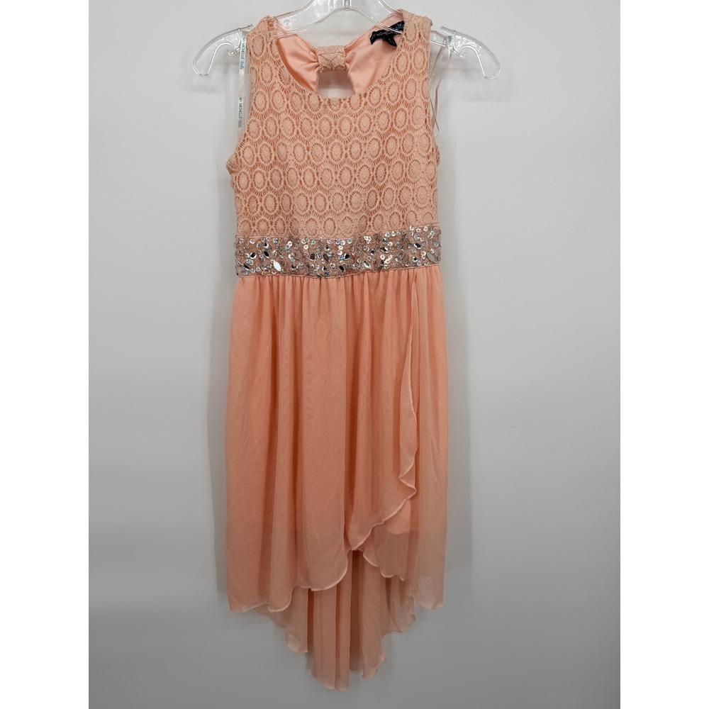 My Michelle Girls High-Low Dress Kids Size 7 Peach Good Rhinestone Lace Party